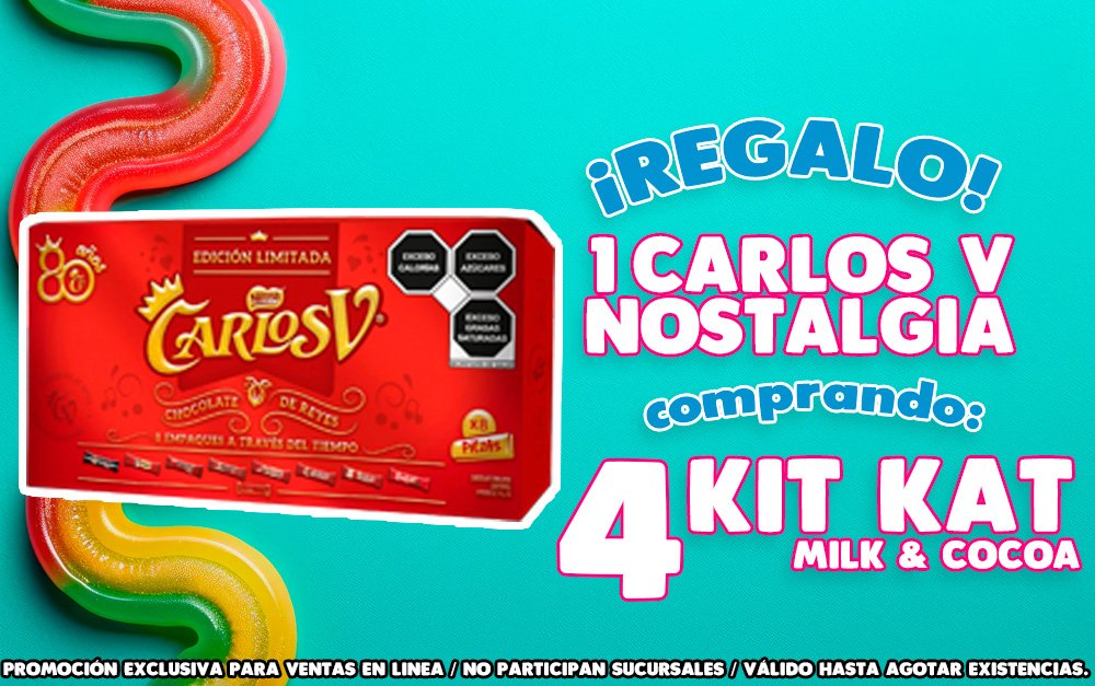 Promoción: Compra 4 Kit Kat Milk & Cocoa 22/9pzs ¡REGALO! 1 Carlos V Nostalgia 9/8pzs