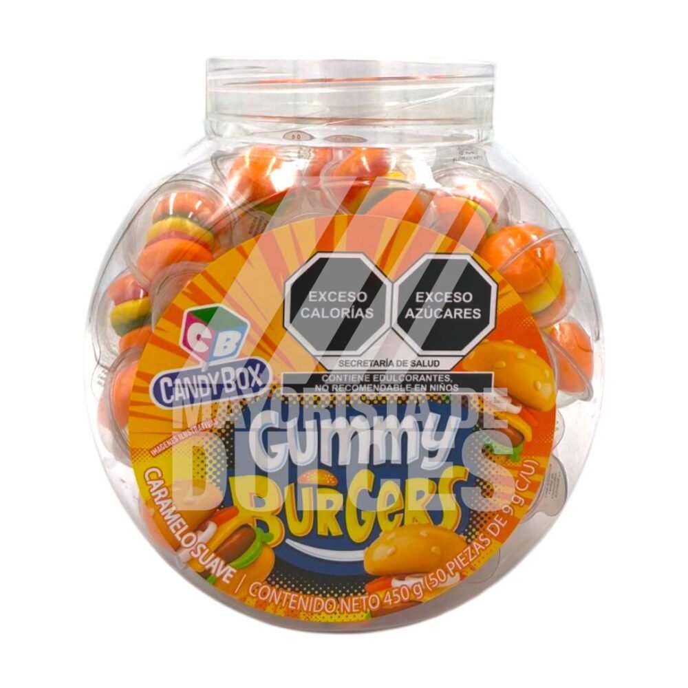 Intercandy gomitas Gummy BURGERS vitrolero con 50 piezas (Caja con 12 vitroleros)  12/50pzs