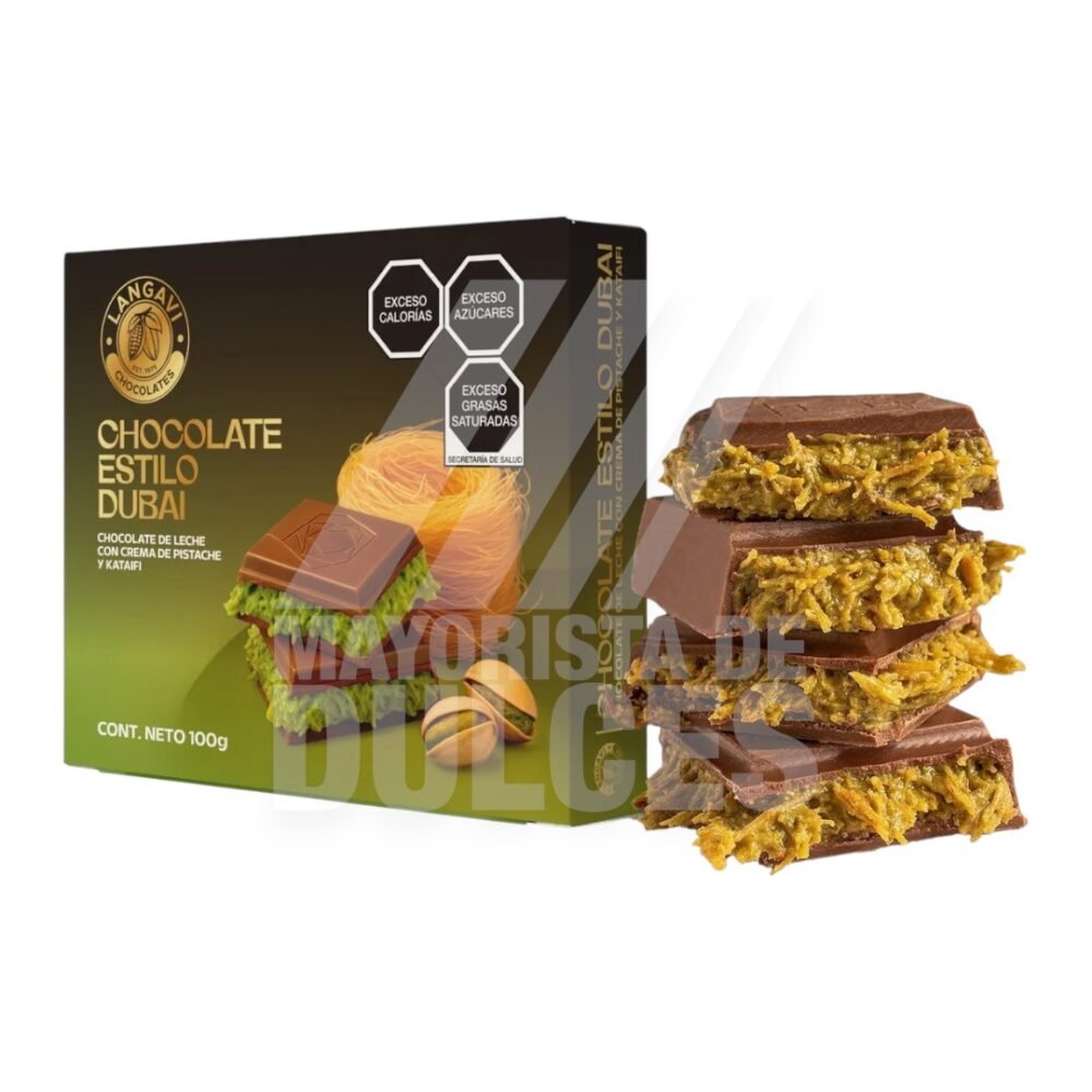 Langavi Chocolate con Leche estilo Dubai con Pistache y Kataifi paquete con 100g (Caja con 12 paquetes)   12/100g