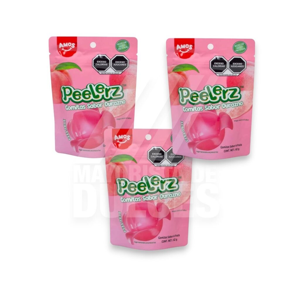 Amos gomitas Peelerz sabor DURAZNO red con 3 sobres de 65g (Caja con 16 redes)  16/3pzs